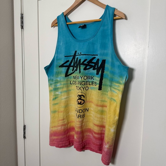 Stussy Tank Top Mens Sz XL Tie Dye Logo Multicolor Psychedelic Hippie Punk - Picture 2 of 10